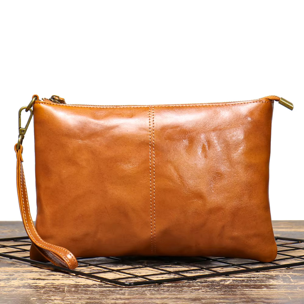 Vintage Men's Clutch Handbag Handmade Vegetable-Tanned Leather Document Top Grain Cowhide Ipad Simple Wrist Bag