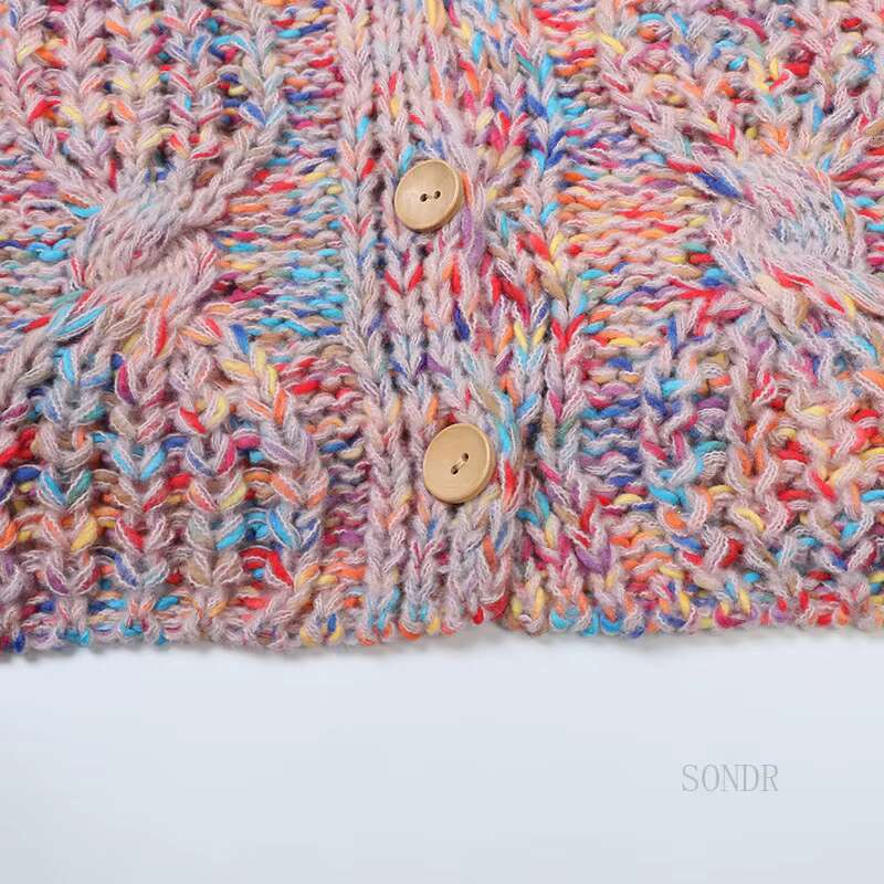 Colorful Lazy Oaf Cardigan For Women, Knitted Wool Sweater, V-Neck, Long Sleeve, Hollow Hook, Wer Loose Cardigan, Autumn