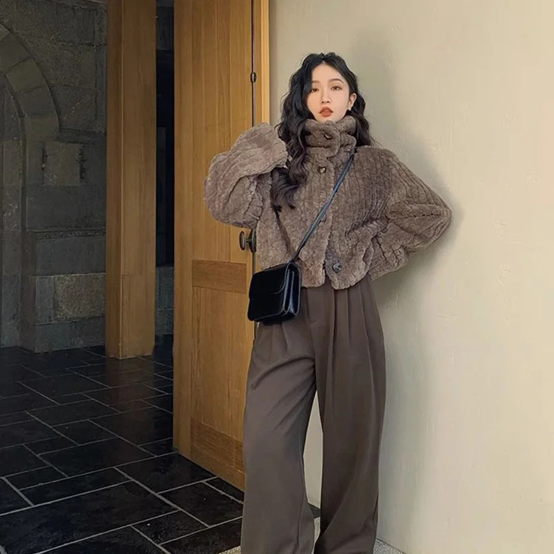 Rimocy Winter Warm Lambswool Coat Fashion Korean Padded Cotton Outerwear Woman Stand Collar Cropped Jacket Female 2024 250113Z