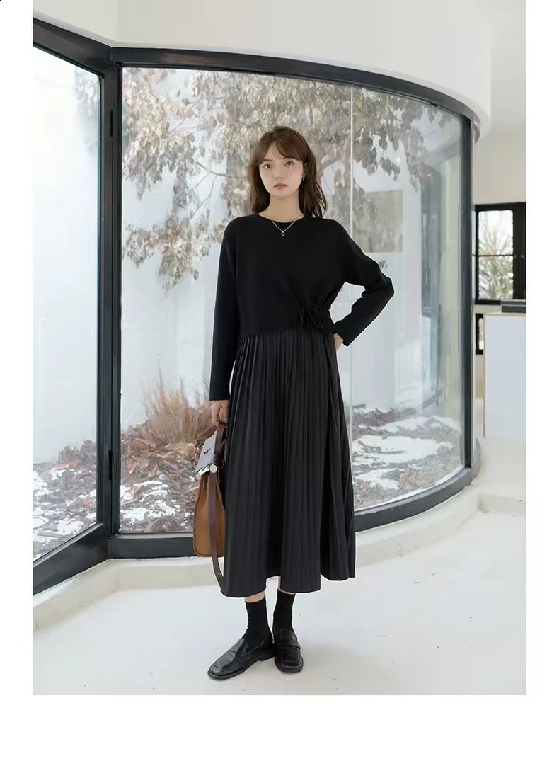 Z70430 Pregnant Dress Pleated n Layer Look Loose Women Korean Style Patchwork Pregnancy Clothes Knitted 250114