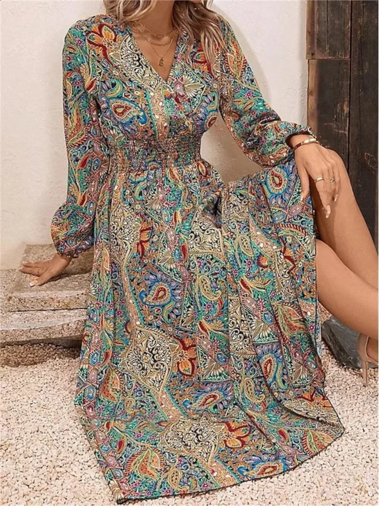 Spring Autumn Boho Floral Print Long Dress Women Sexy Deep V-Neck Long Sleeve A-line Dress Elegant Beach Dresses Vestidos 250122