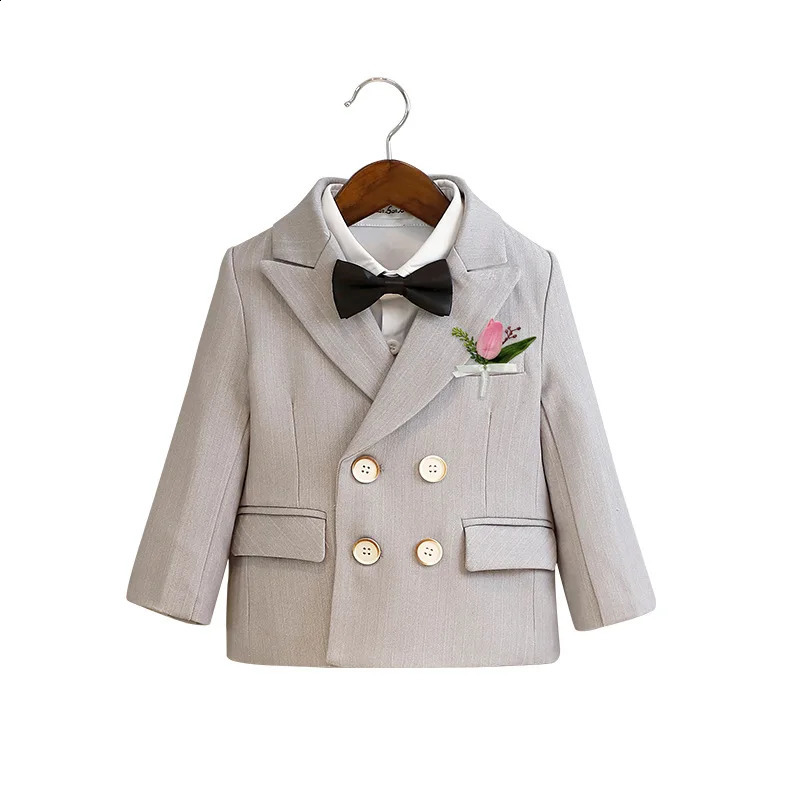 Child Fomal Khaki Suit Set British Style Baby Boys Wedding Birthday Party Performance Costume Kids Blazer Pants Bowtie Clothes 250120