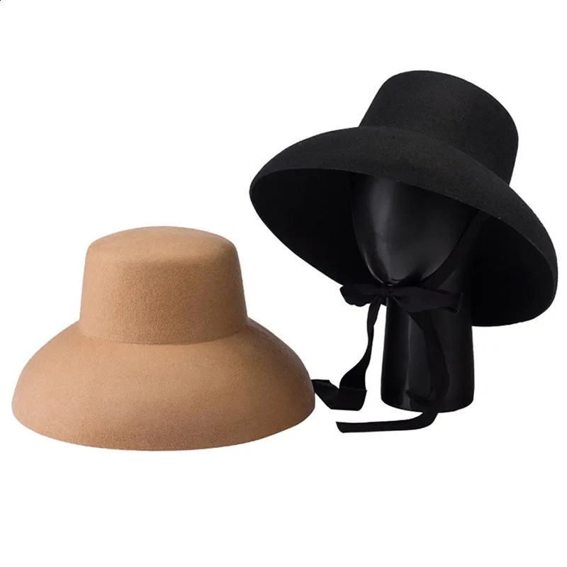 Retro Style Pure Wool Hat Wide Brim Winter Fedoras Women Ladies Band Lacing Cloche for Cocktail Wedding Party Church Stage 250118