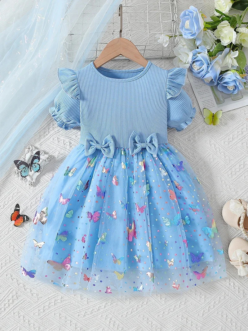 European and American Style Summer Girls Aline Dress 26Y Sweet Butterfly Mesh Short Sleeve Kids Childrens Clothing 250117