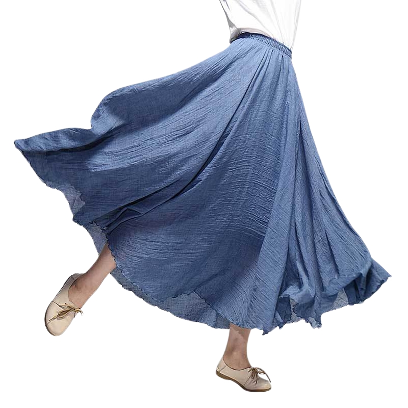 Summer new skirt cotton and linen skirt linen solid color long skirt loose pendulum skirt pleated A-shaped skirt