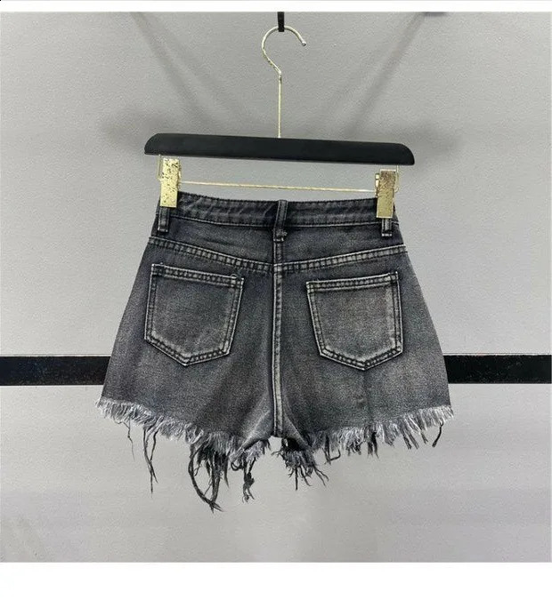 Womens 2025 Summer High Waist Diamond Denim Shorts with Broken Holes and Wide Legs Pants Jean Shorts 250118