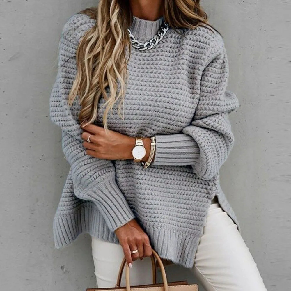 Women Turtleneck Long Lantern Sleeve Side Split Knitted Pullover Sweater Tops PYMYMY188 250109