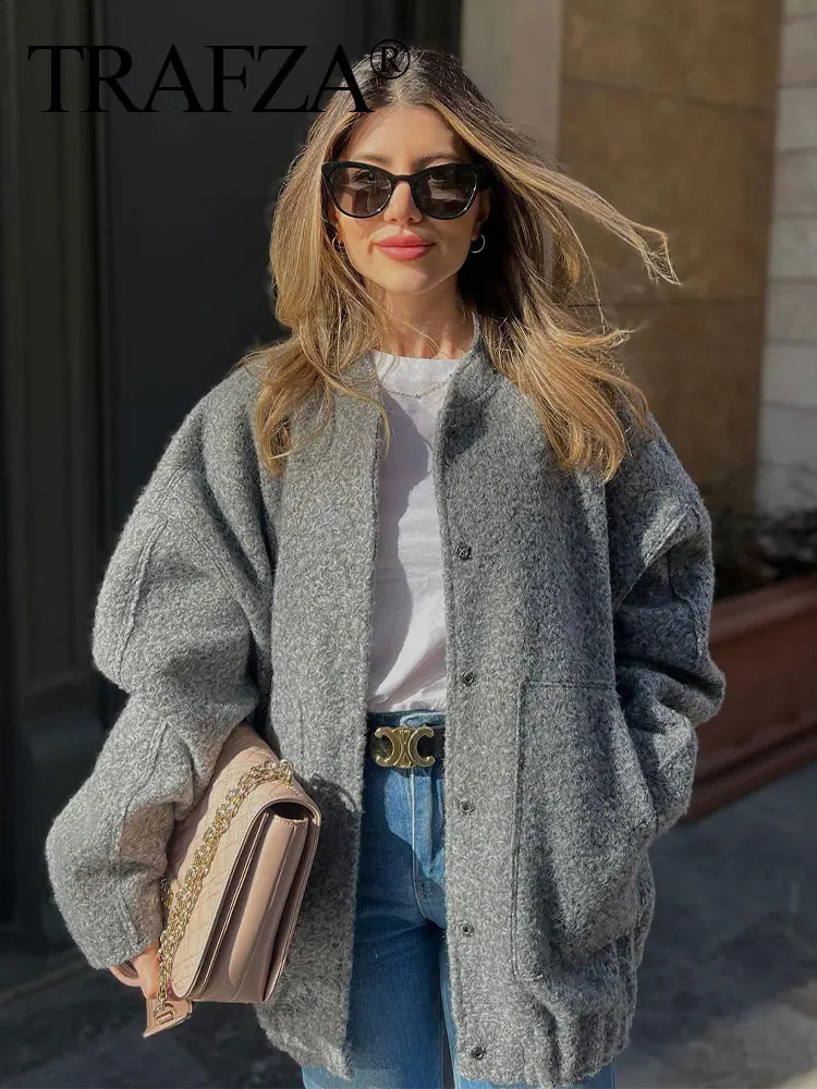 TRAFZA Women Solid Coat Long Sleeve Autumn Pocket Bomber Jacket Oversize Loose Streetwear Coats Button Casual Woman Outerwear 250114