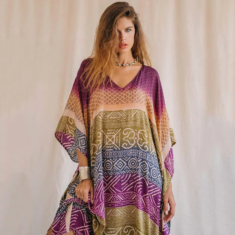 Plus Size Boho Cover Up Womens Tie Dye Heart Pattern Batwing Sleeve V Neck Maxi Beach 250122