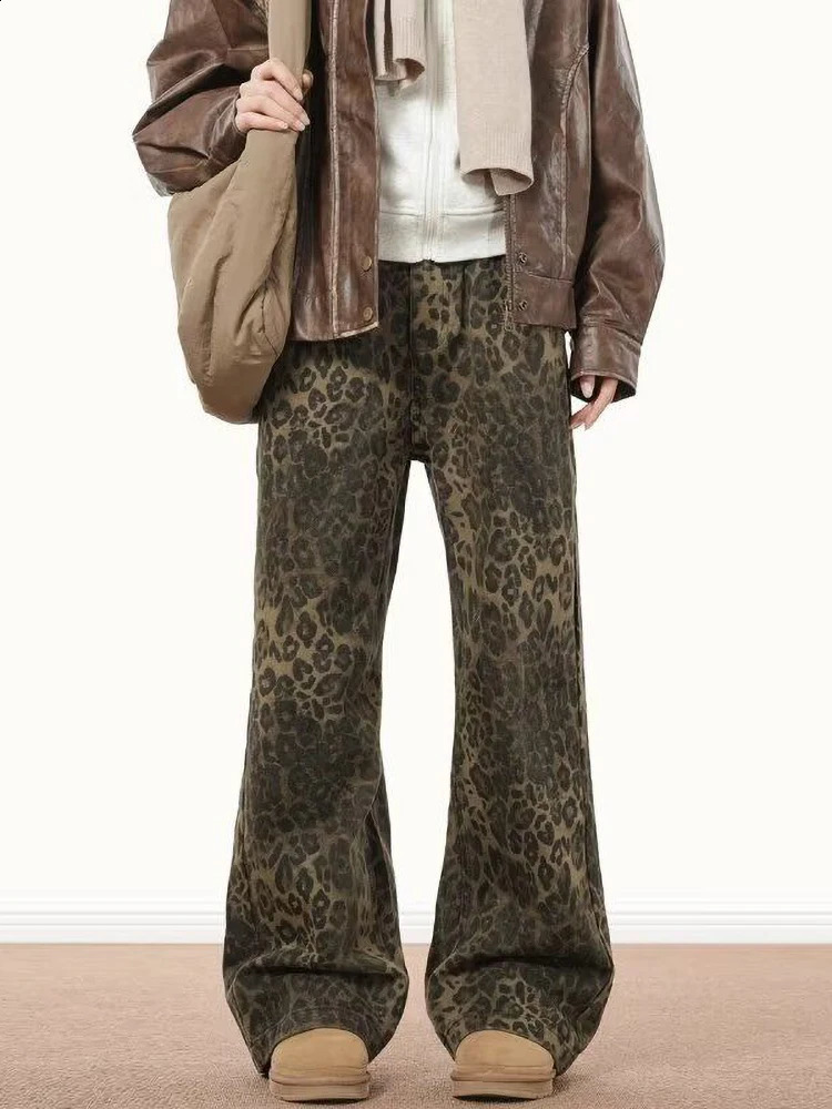 Y2k Animal Leopard Print Baggy Jeans Men Streetwear Vintage Wide Leg Flared Denim Pants Hip Hop Techwear Straight Long Trousers 250120