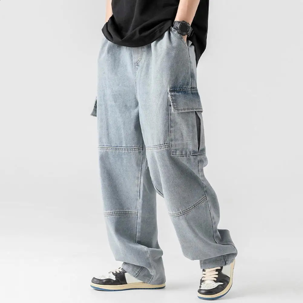 Denim Pants with Drawstring Mens Adjustable Drawstring Denim Pants with Pockets Loose Fit Washed Fabric for Style for Everyday 250120