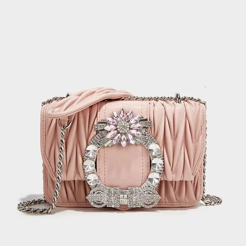 Fashion Pleated Textured Leather Square Women Handbag Lady Purse Crystal Shiny Dias Shoulder Underarm Crossbody Bag