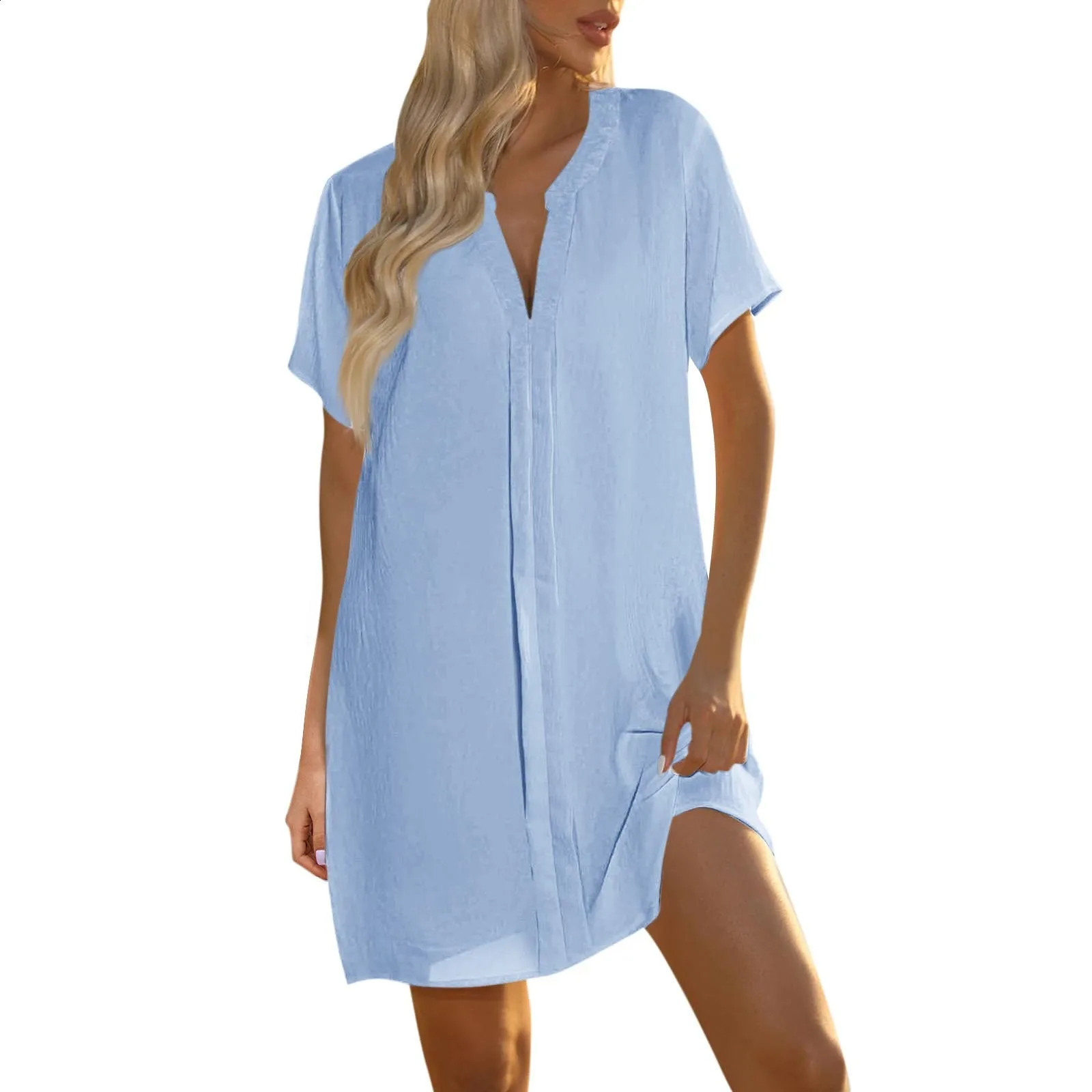 Womens Summer Casual VNeck Solid Color Short Sleeved Shirt Dress Beach Skirt Package Skirts Suits Female Lady Set 250122