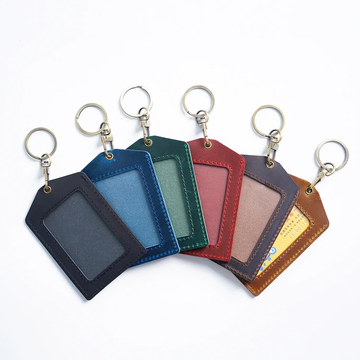 100% Genuine Leather Business Credit ID Card Holder with Key Ring Keychain Staff Work Card Holder Employees Card Case 250120