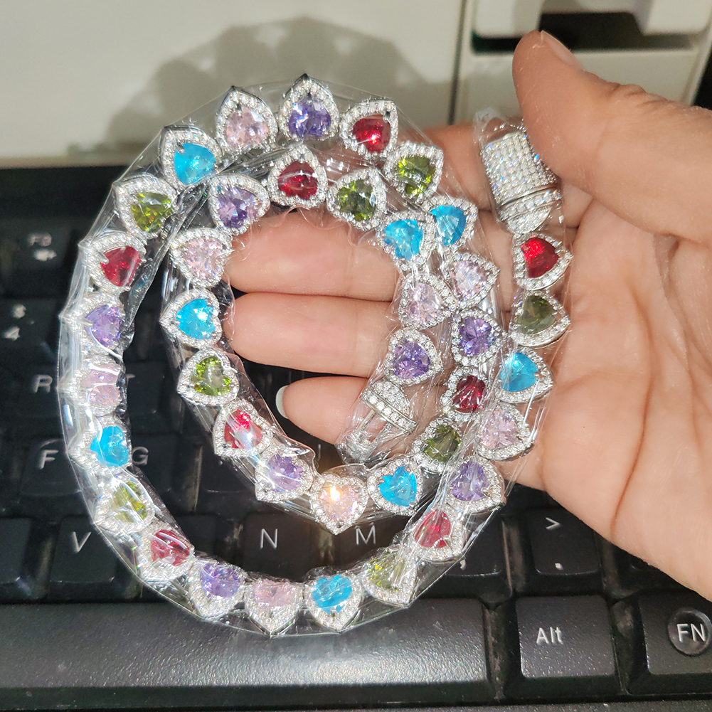 10mm High Quality Hip Hop Colorful Heart Shape Tennis Chain Necklace Women Men Hip Hop Rap Jewelry