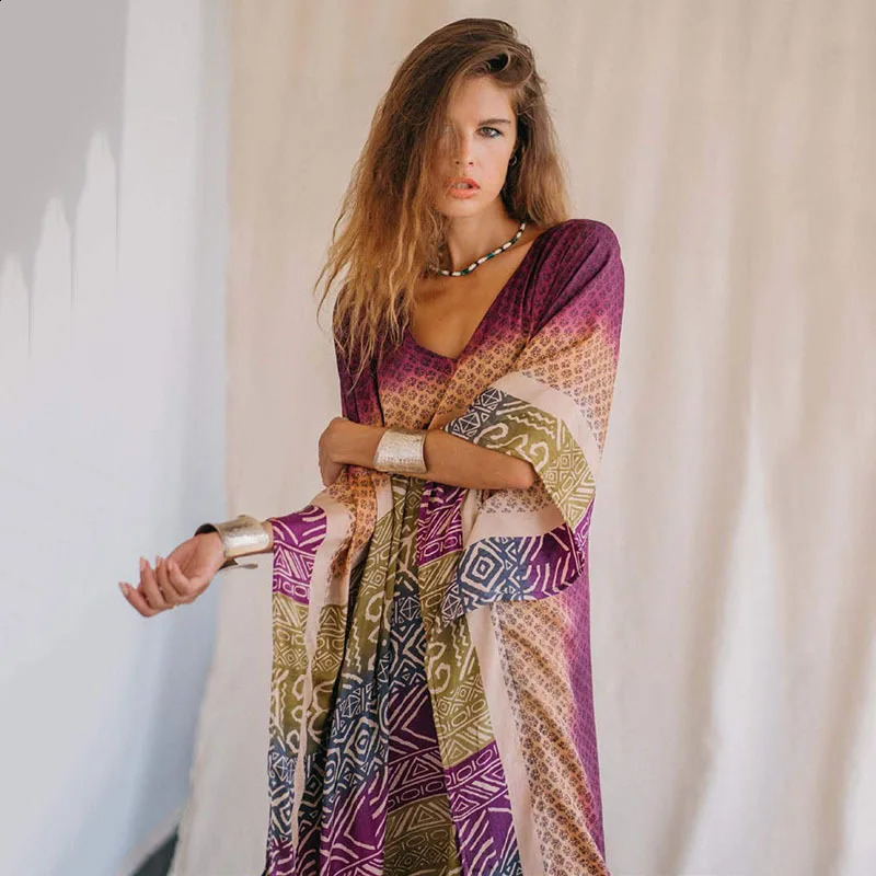 Plus Size Boho Cover Up Womens Tie Dye Heart Pattern Batwing Sleeve V Neck Maxi Beach 250122
