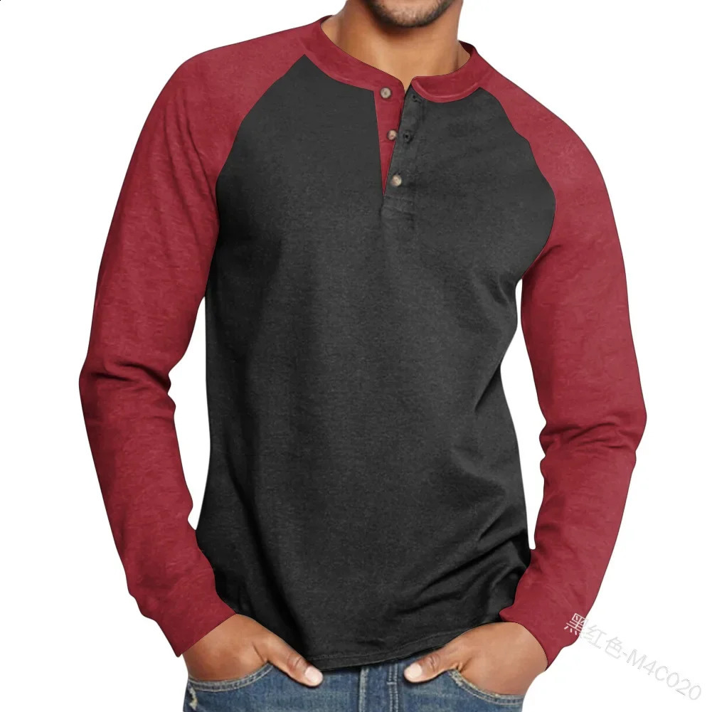 Spring Autumn Henley Shirts Color Black Patchwork Tees Mens Fashion Vintage Button V Neck Long Sleeve T Shirt Man Tops 250122