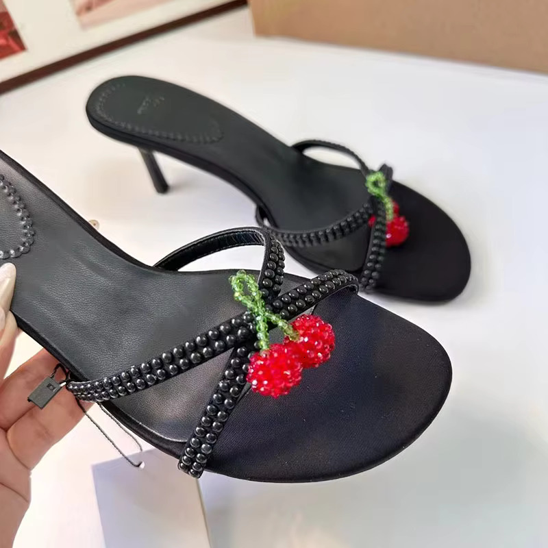 TRAF Cherry Decorate Black High Heel Slippers Women Round Head Open Toe Sgback Stilettos Sweet Pump Sandals Shoe For Woman