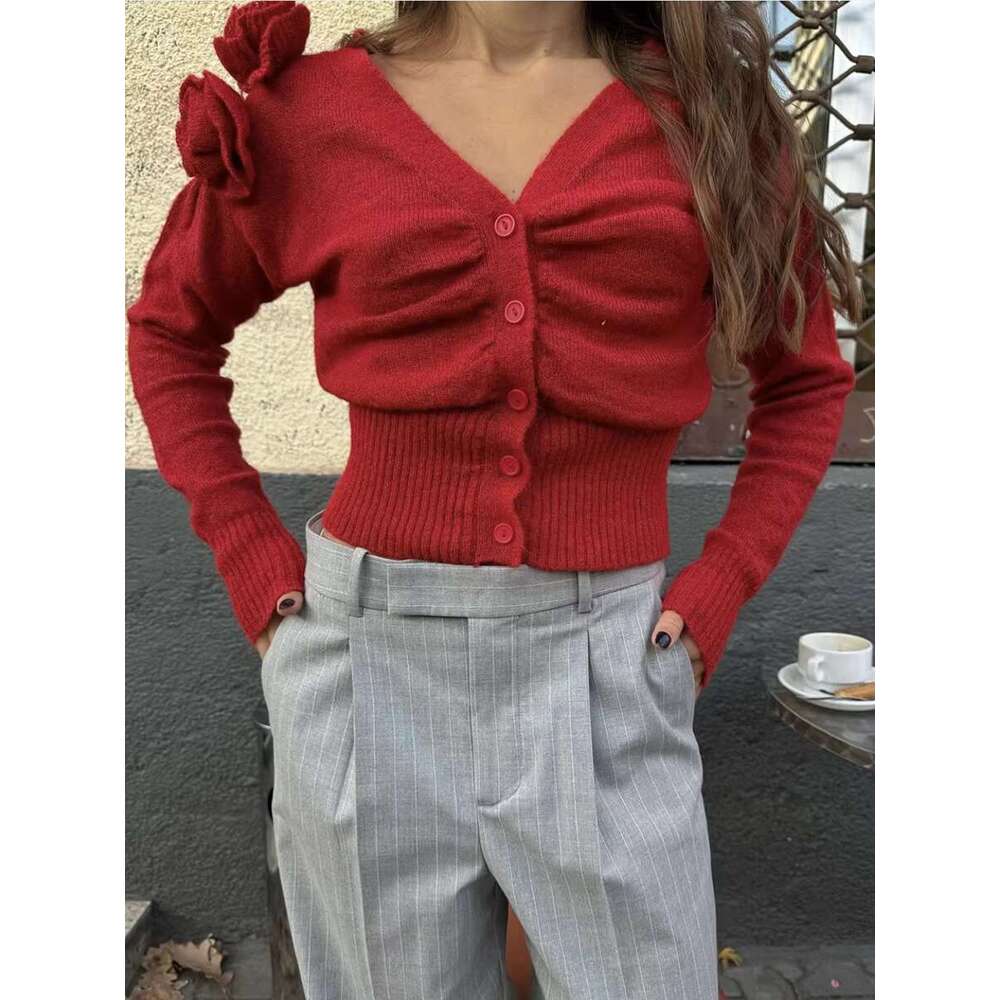 New Red Wer Decor Knitted Cardigan Women 2025 Spring Long Sleeve V Neck Sweaters Streetwear Elegant Fashion Thin Jumper Femme