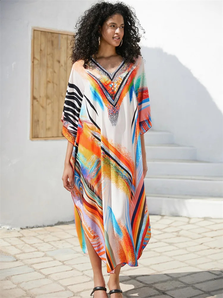 EDOLYNSA Orange Printed Beach Dress Bohemian Loose Kaftan 2024 Summer Womens Swimsuit Cover Up Vacation Casual House Robe Q1638 250122