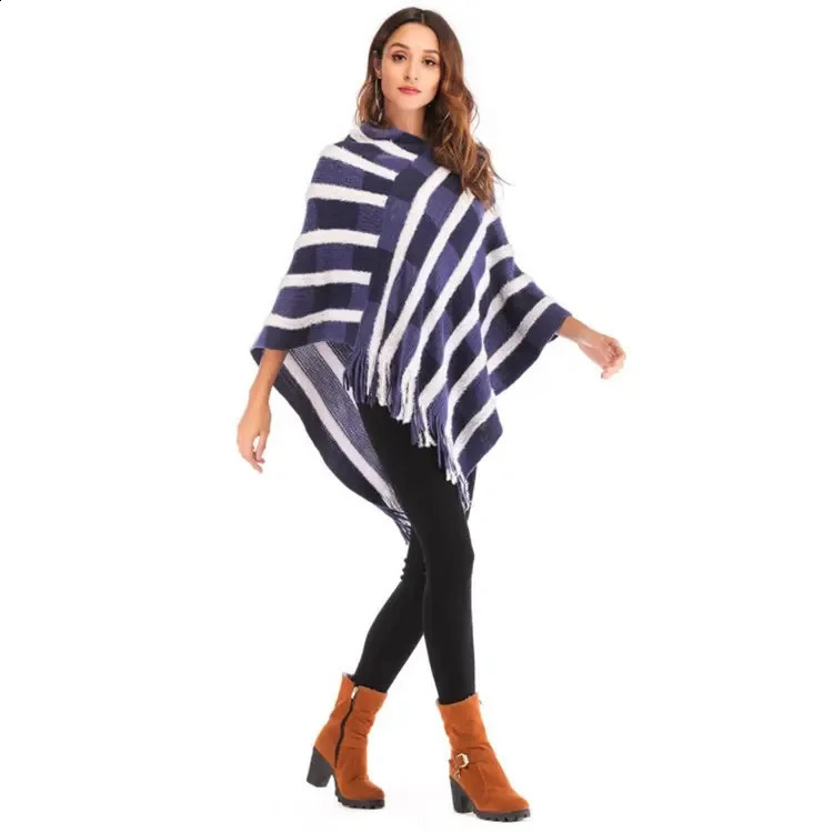 Autumn Winter Tassel Shawl Warm Stripe Pattern Warm Poncho Lady Capes Black Cloaks 250121