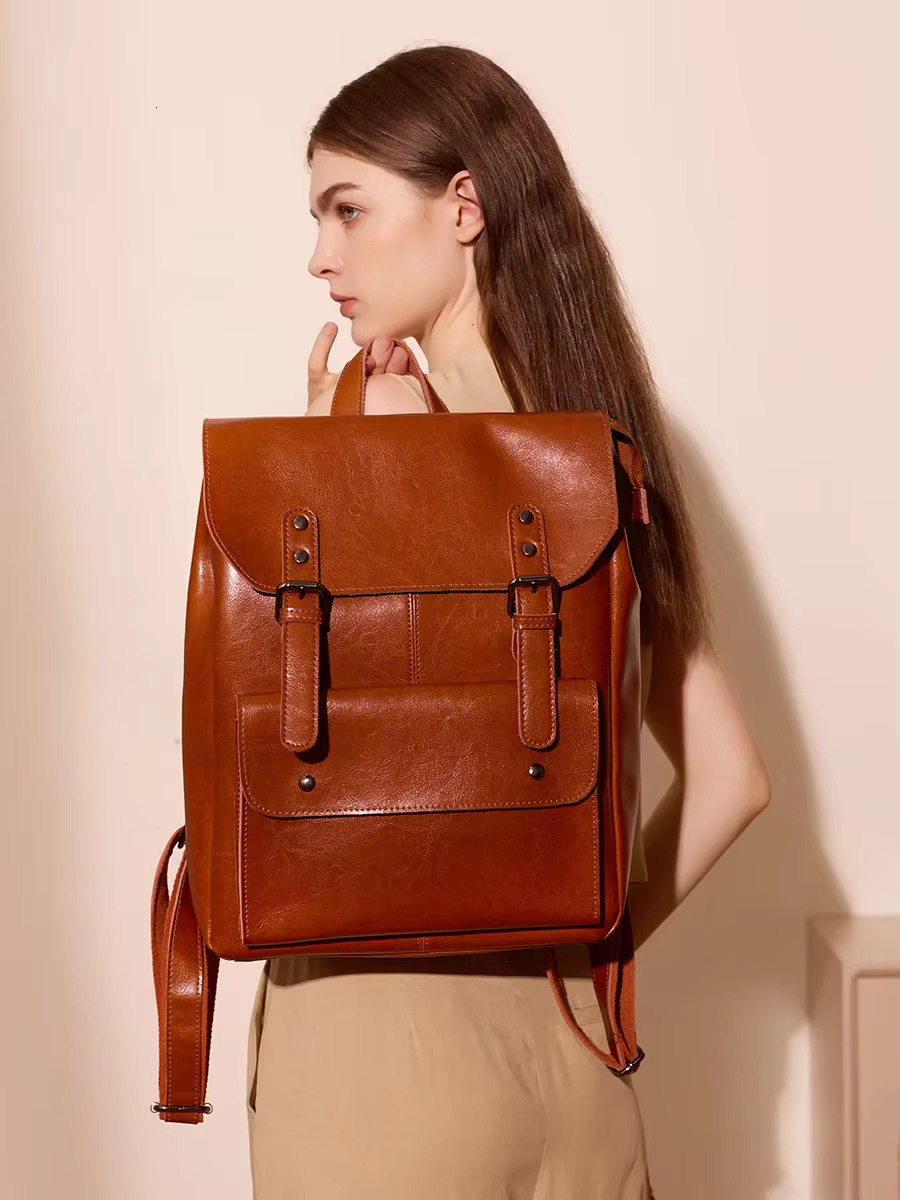 2023 Genuine Leather Backpack Retro School For Teenage Girls Cowhide Large Shoulder Female Travel Backpacks Computer Bag