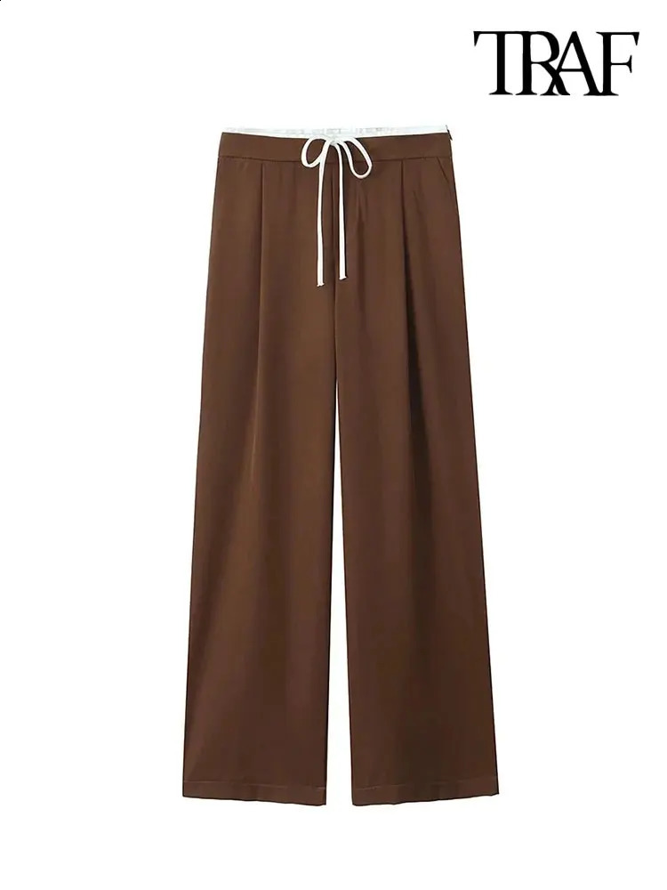 TRAFWomens Double Waistband Wide Leg Pants High Elastic Waist With Drawstring Side Pockets Female Trousers Chic Fashion 250120