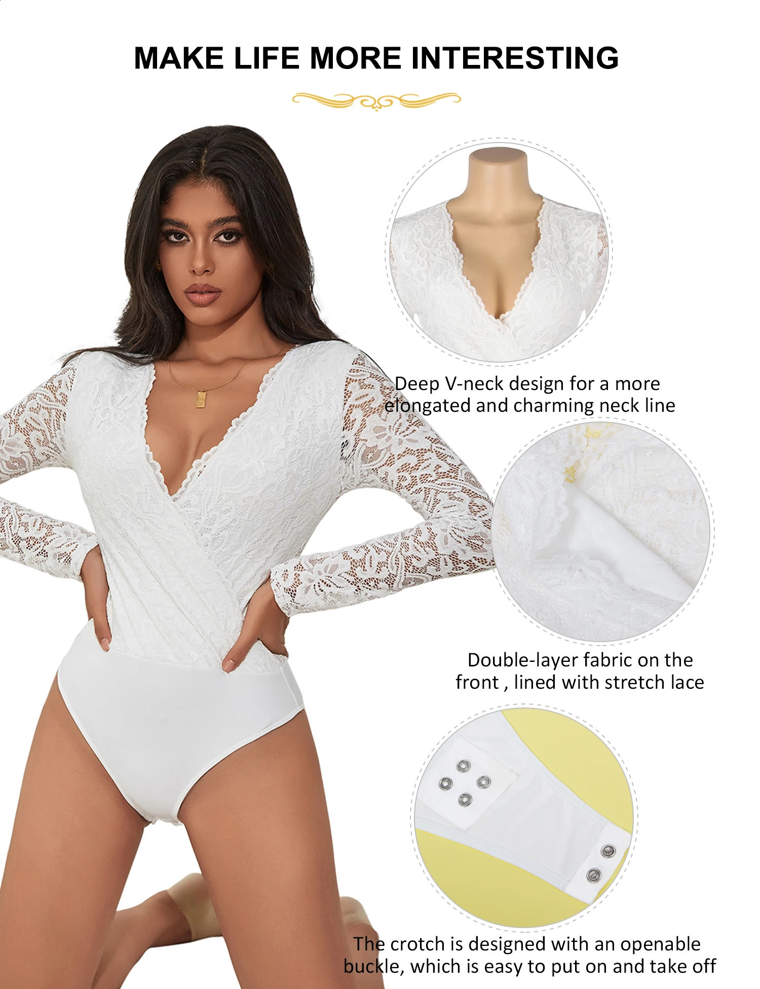 Ohyeahlady Women Solid White Floral Lace Bodysuit Long Sleeve Teddy Crotch Openable Jumpsuit Transparent Plus Size Sexy Lingerie 250108