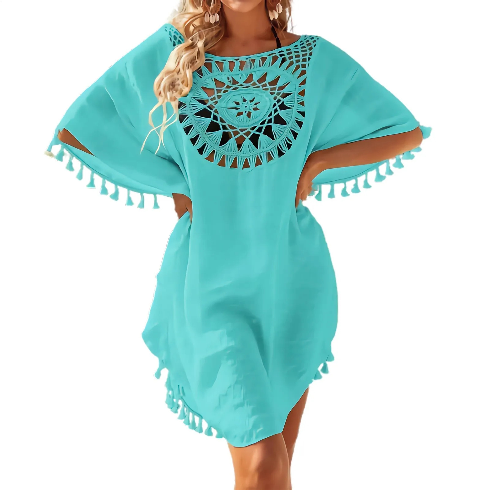 Sexy Loose Fashion Cotton Linen Beach Dress Plain Color Bikini Cover UP Swimsuit Hollow Out Casual Vacation 250122