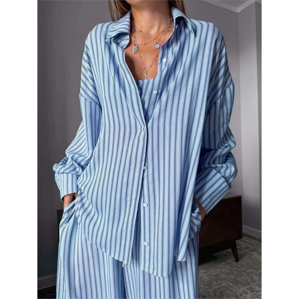 Spring New Blue Striped 2 Piece Set Women Long Sleeve Blouse+Buttons Bra+Elastic Waist Trouser Suits Home Casual Pamas 2025