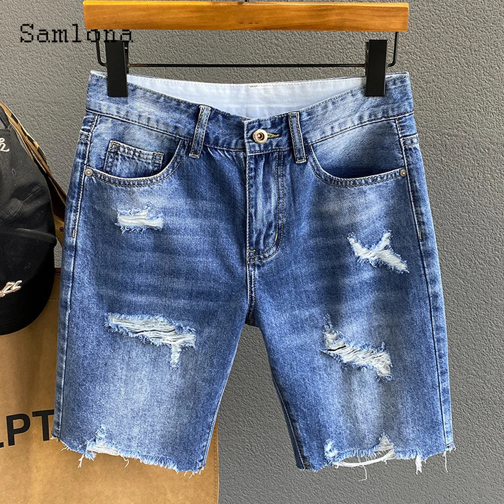 Samlona Plus Size Men Fashion Bottom Mid Waist Crimping Denim Shorts Loose Vintage Hole Ripped Short Jeans Male Summer pants 250121