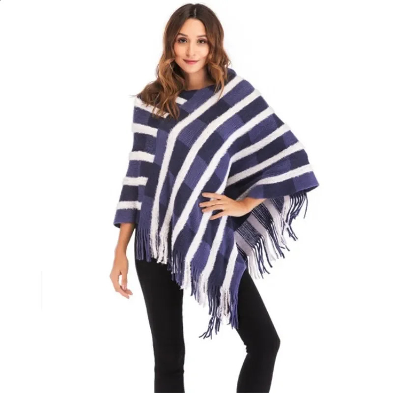Autumn Winter Tassel Shawl Warm Stripe Pattern Warm Poncho Lady Capes Black Cloaks 250121