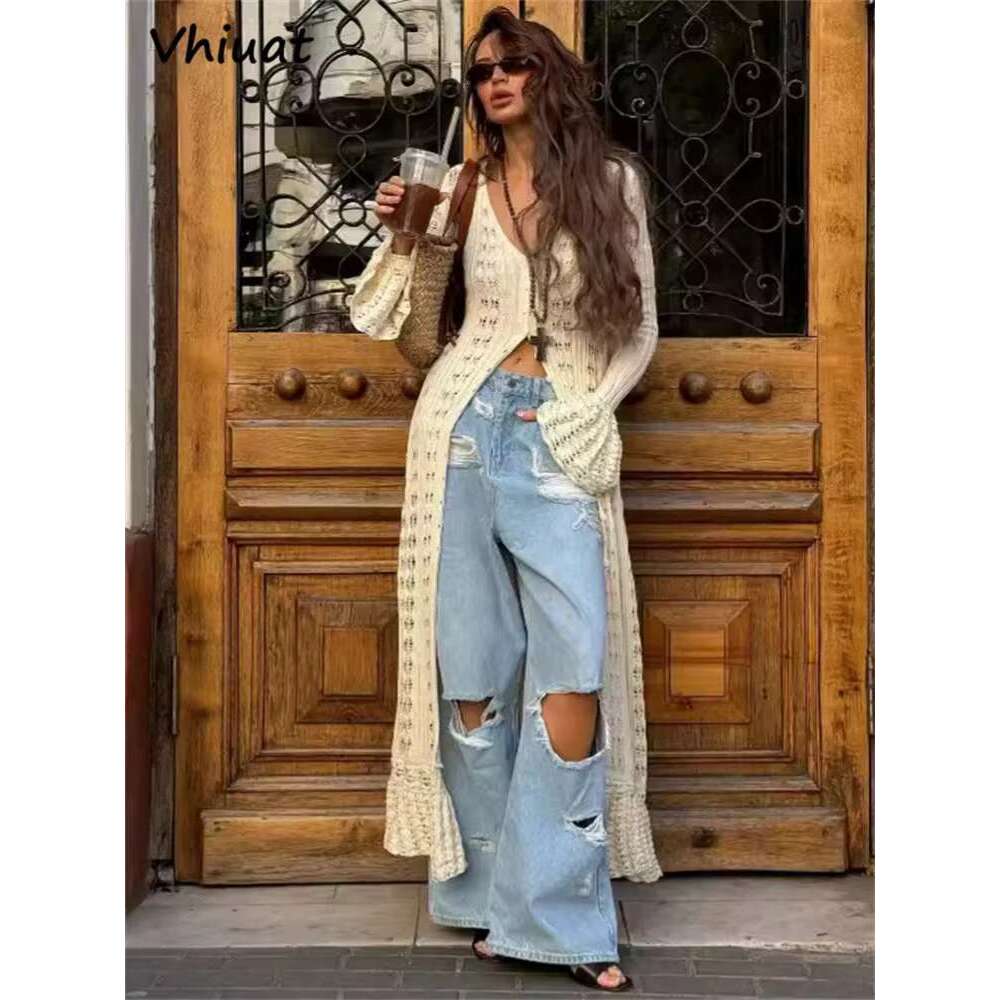 Vhiuat Knitted Sleeve Casual Party Long Flare Dresses For Women Chic Slim Hollow Out Beach Holiday Dress Autumn 2025