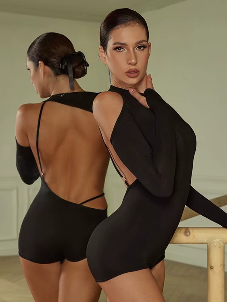 Sexy Dance Long Sleeves Backless Top Jumpsuit Bodysuit Ballroom Dancing Leotard Latin Training Practice Hollow Out Women