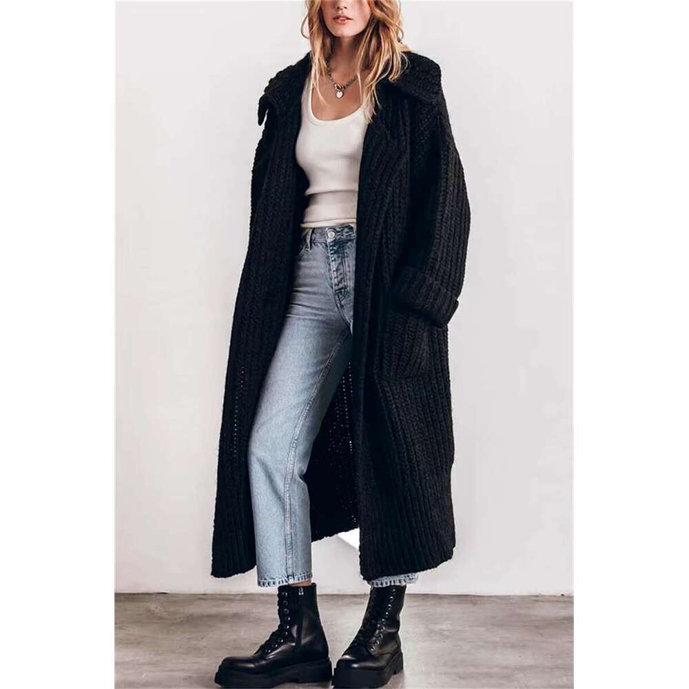 2025 Women's Autumn And Winter Maxi Cardigans Single Breasted Oversized Sweaters Solid Color Large Collar Boho Long Knitwear