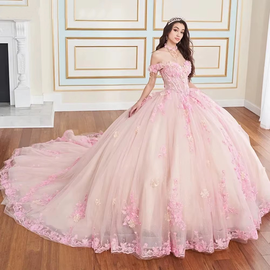 Customized Pink Quinceanera Dress Ball Gown Lace Applique Beading Bow Mexican Corset Sweet 16 Vestidos De 15 Anos