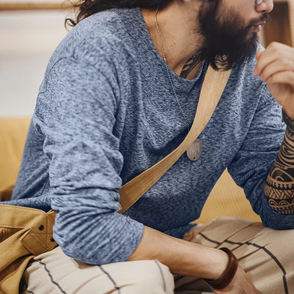 Maden Vintage Double-Sided Brushed Fleece Long-Sleeved T-Shirt Warm Inner Round-Neck Base Layer Shirt Men's Fall Pullover