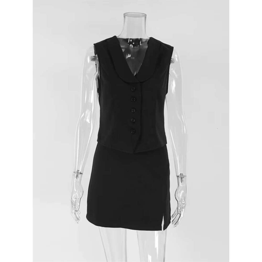 Black Elegant Vest 2 Piece Set Women Single Breasted Sleeveless Waistcoat+Slit Mini Skirts Simple Casual Fashion Outfits Female