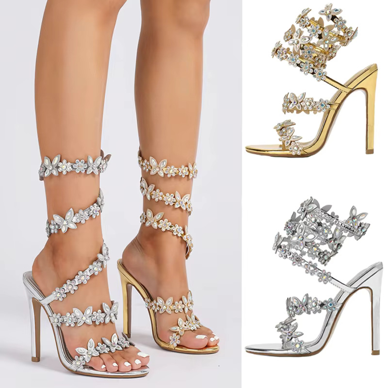 Eilyken Summer Designer Butterfly-Knot Crystal Sandals Sexy Peep Toe Thin Heel Wedding Party Back Strap Shoes Atos Mujer