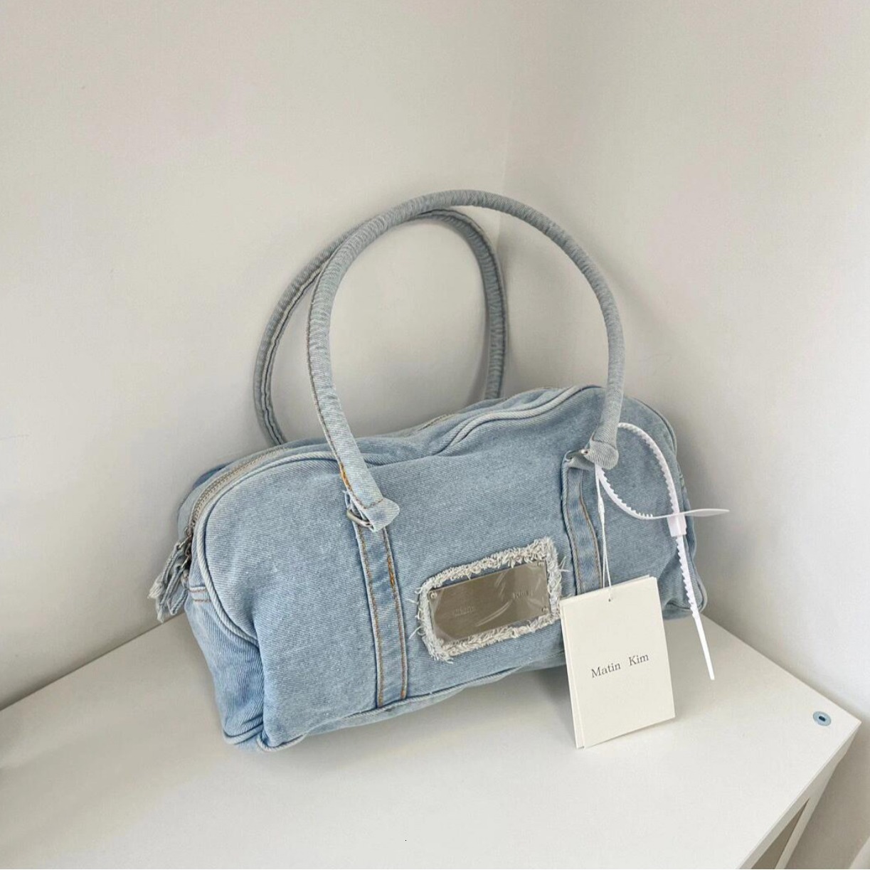 Korean niche matinkim large capacity denim shoulder autumn and winter lazy hand-held travel fitness tote bag