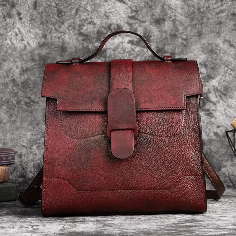 Vintage Women Genuine Backpack Solid Pattern First Layer Cowhide Travel Bags Retro Real Cow Leather Double Shoulder Bag