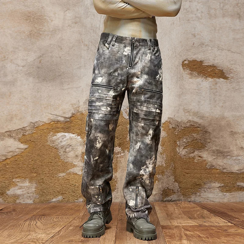 American High Street Camouflage Print n Wide Leg Jeans Mens Loose Straight Drooping Personality Motorcycle Trousers 250120
