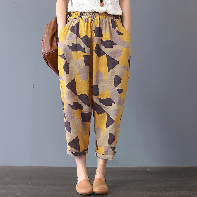 Cotton and Linen Pants for Women Summer Printing Harem Female Mother Loose Retro Fashion Womens Ankle Length 250122