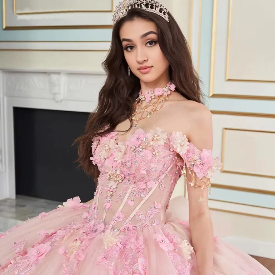 Customized Pink Quinceanera Dress Ball Gown Lace Applique Beading Bow Mexican Corset Sweet 16 Vestidos De 15 Anos