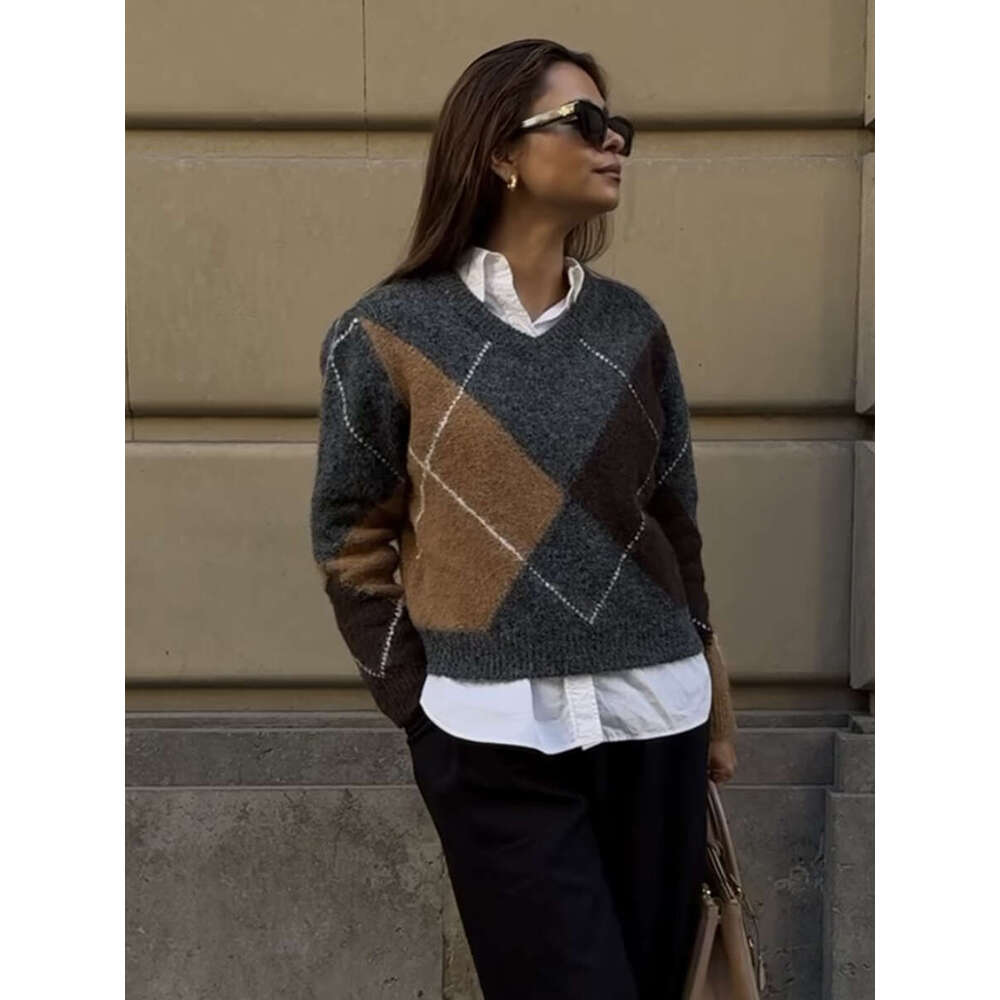 Irregular Plaid Vintage Pullover Sweater Women New Long Sleeve Casual O Neck Jumper 2025 Spring Streetwear Fashion Knit Sweaters