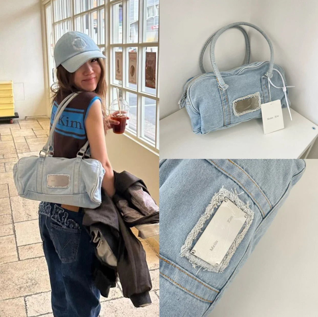 Korean niche matinkim large capacity denim shoulder autumn and winter lazy hand-held travel fitness tote bag