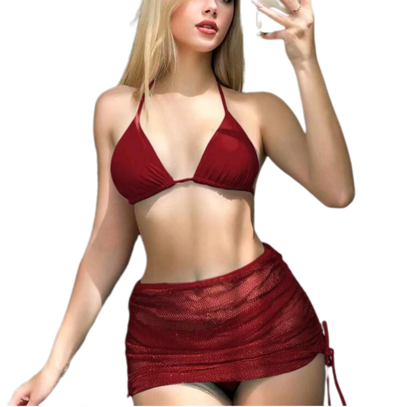 3Pcs Women Strappy Strings Bikini Set 2025 New Chic Swimwear Halter Neck Triangle Bikinis Adjustable Swimsuit With Crochet Cover-Ups Beachwear Solid C
