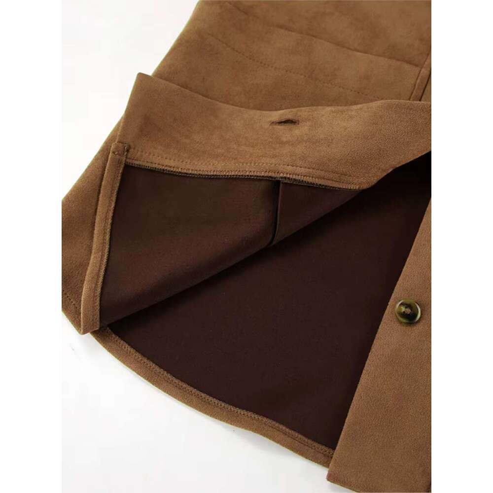 Autumn New Vintage Solid Suede Coat Women 2024 Button Up Long Sleeve Pockets Outerwear Streetwear Fashion Office Lady Jackets