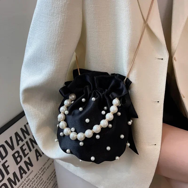 womens shoulder bag high-quality womens handbag black pearl imitation silk womens bucket cross body bag 250120