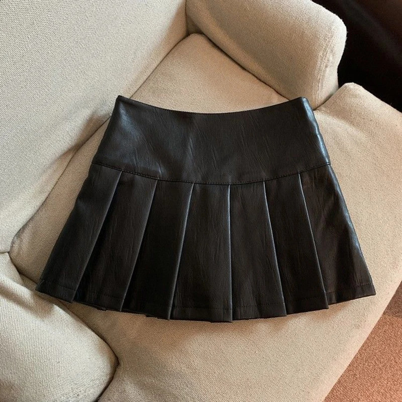 MEXZT S3XL Y2K Pu Leather Mini Skirt Streetwear High Waist Pleated Vintage Korean Black Slim Casual A Line Skirts 250110Z
